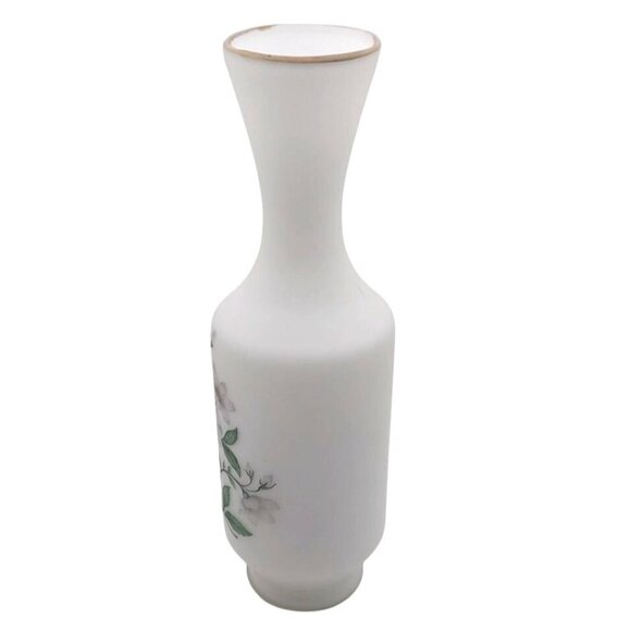 Vintage White Satin Glass Vase With Floral Design & Gold Trim - Picture 3 of 9